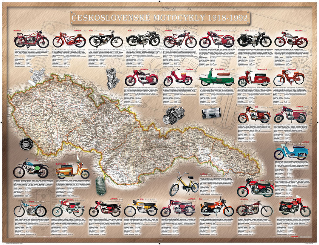 Nástěnná mapa - Československé motocykly 1918-1992